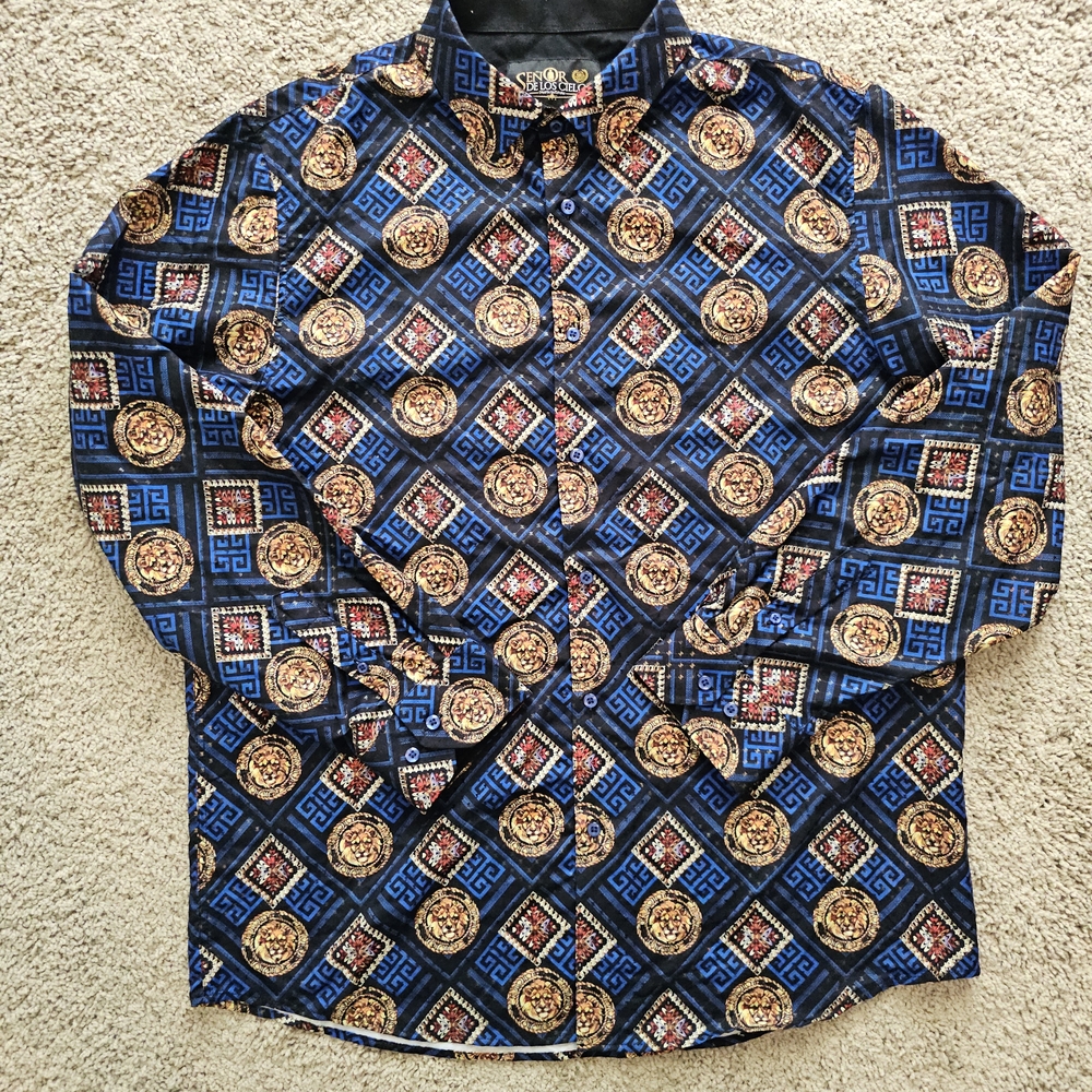 Elegant Blue and Gold Patterned Men's Dress Shirt